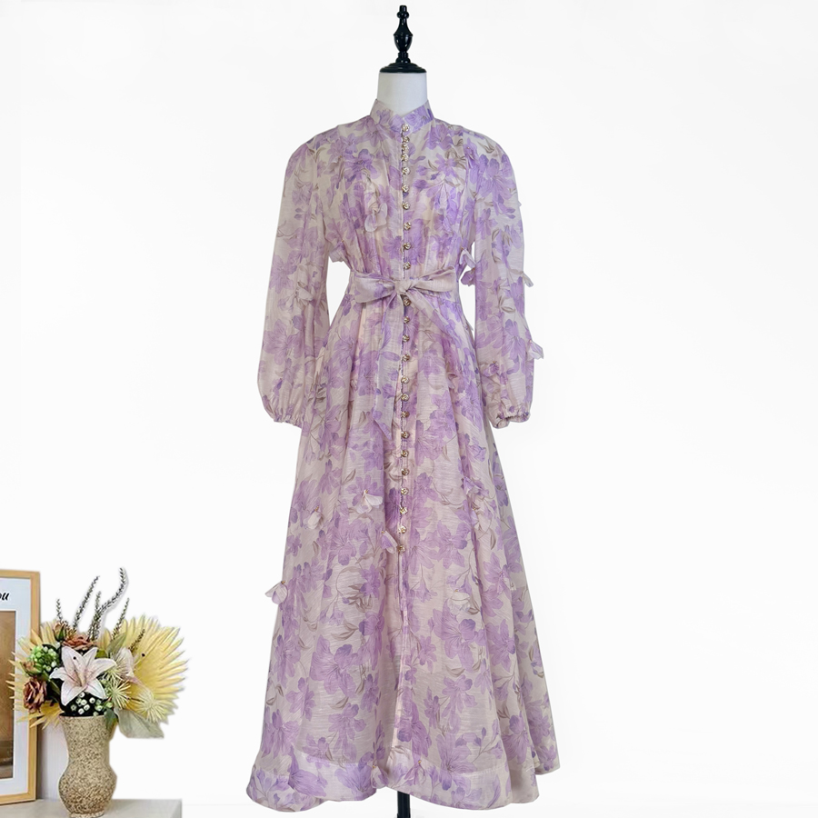 Real shot French elegant standing collar flower buckle heavy flower decoration waist cinching tie up big swing dress long skirt for women Real shot French elegant standing collar flower buckle heavy flower decoration waist cinching tie up big swing dress long skirt for women