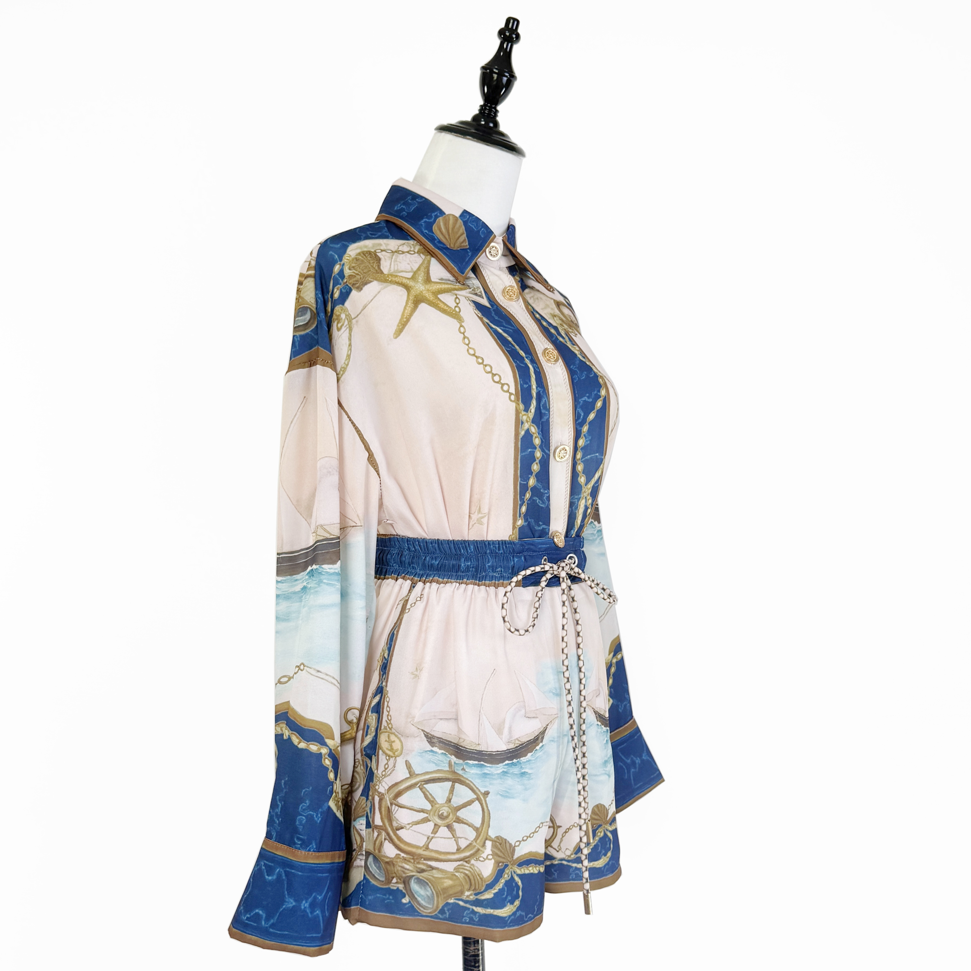 Real shot Australian niche blue nautical print long sleeved shirt shorts fashionable casual set two-piece set Real shot Australian niche blue nautical print long sleeved shirt shorts fashionable casual set two-piece set