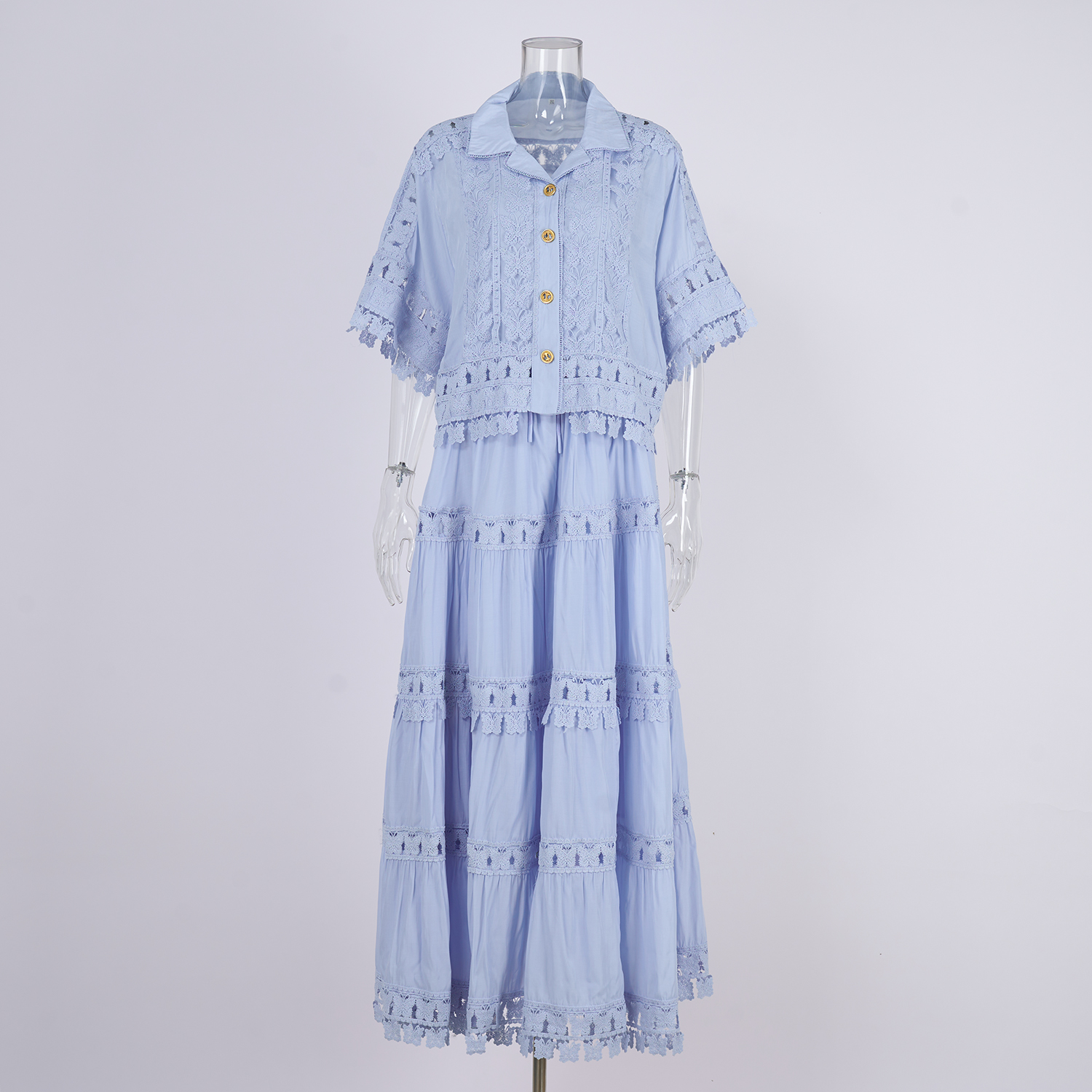 Real shot French retro summer new style 8-color lapel embroidered lace long shirt+skirt set for women Real shot French retro summer new style 8-color lapel embroidered lace long shirt+skirt set for women