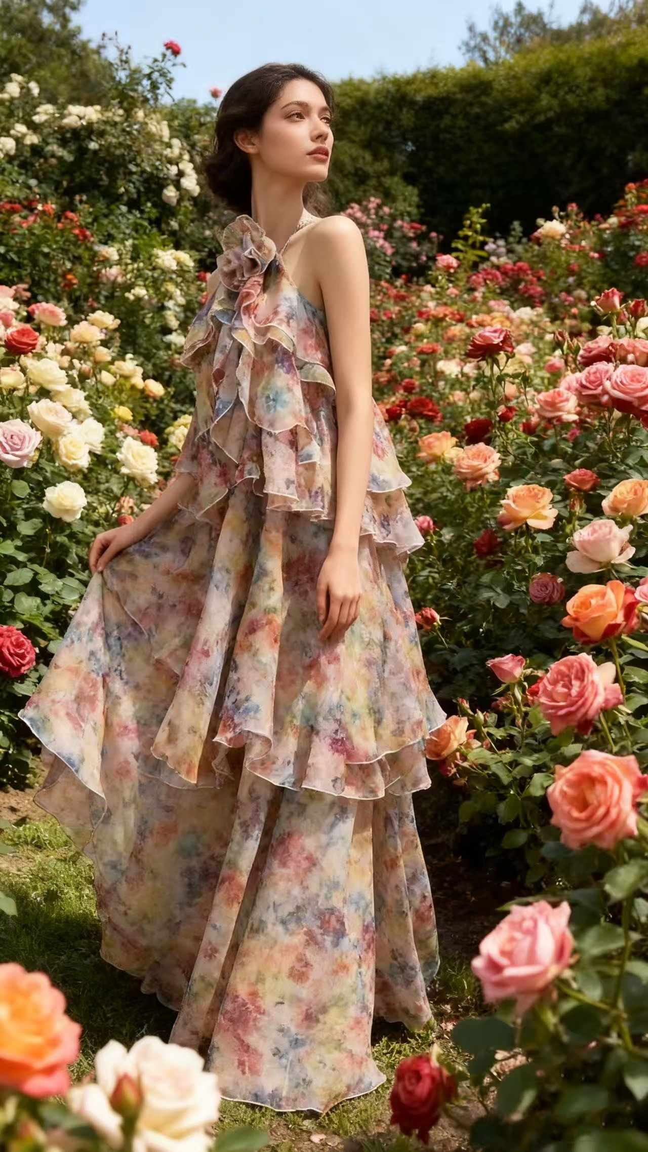 New printed neck hanging dress for women's summer beach vacation cake long dress New printed neck hanging dress for women's summer beach vacation cake long dress