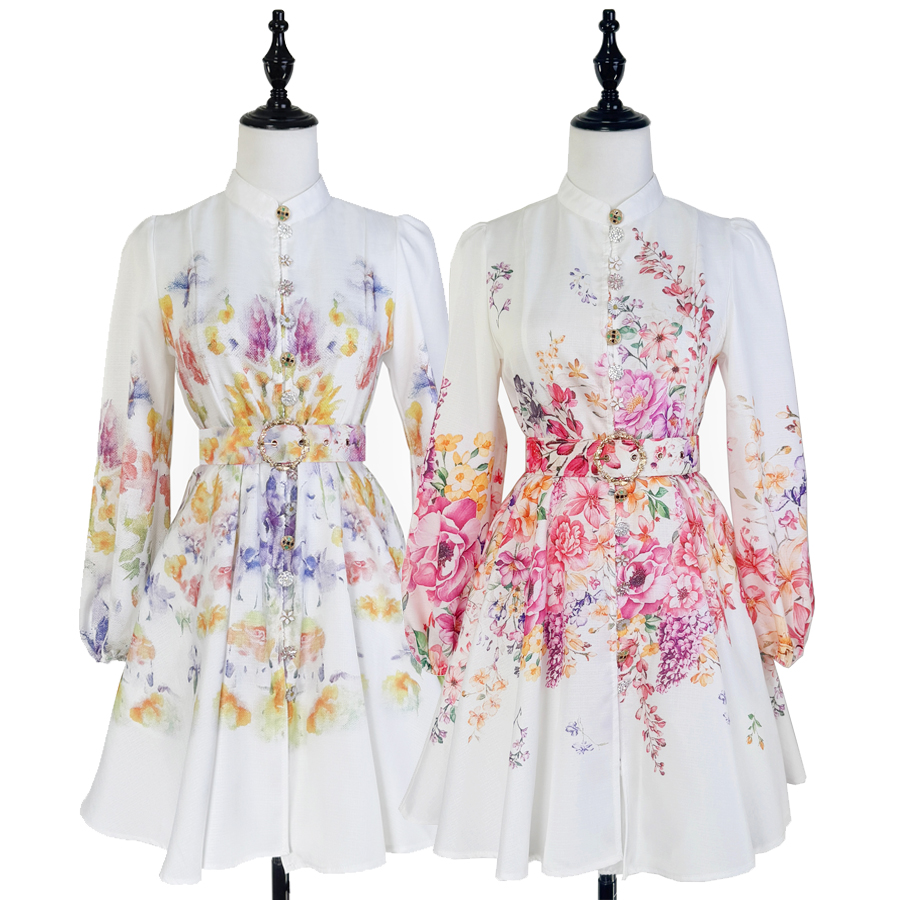 Real time shooting of European and American retro new style positioning printed single breasted dress, short skirt, bustling series skirt+belt