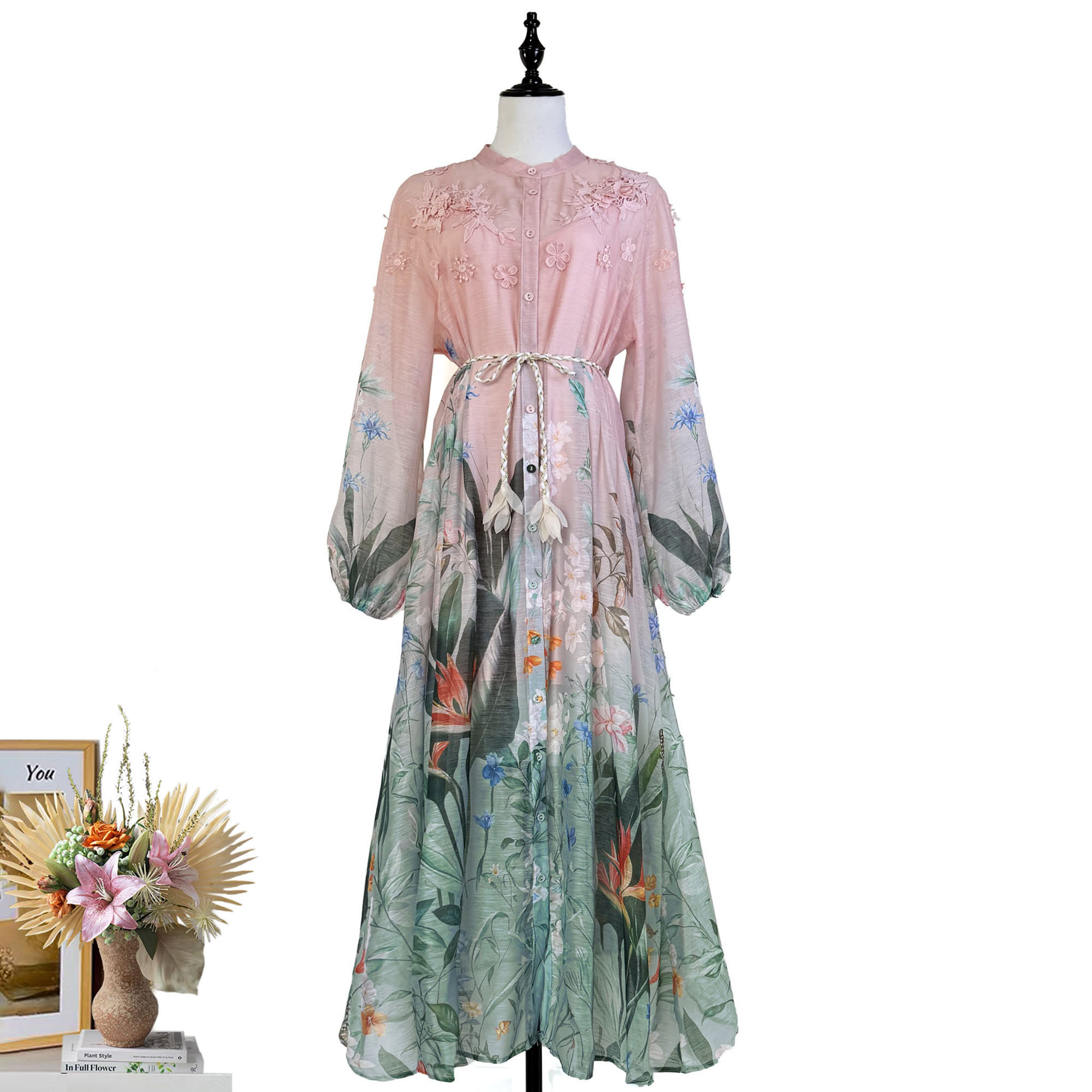 Real shot of Australia's new tropical style printed heavy industry three-dimensional flower splicing long style large swing dress Real shot of Australia's new tropical style printed heavy industry three-dimensional flower splicing long style large swing dress