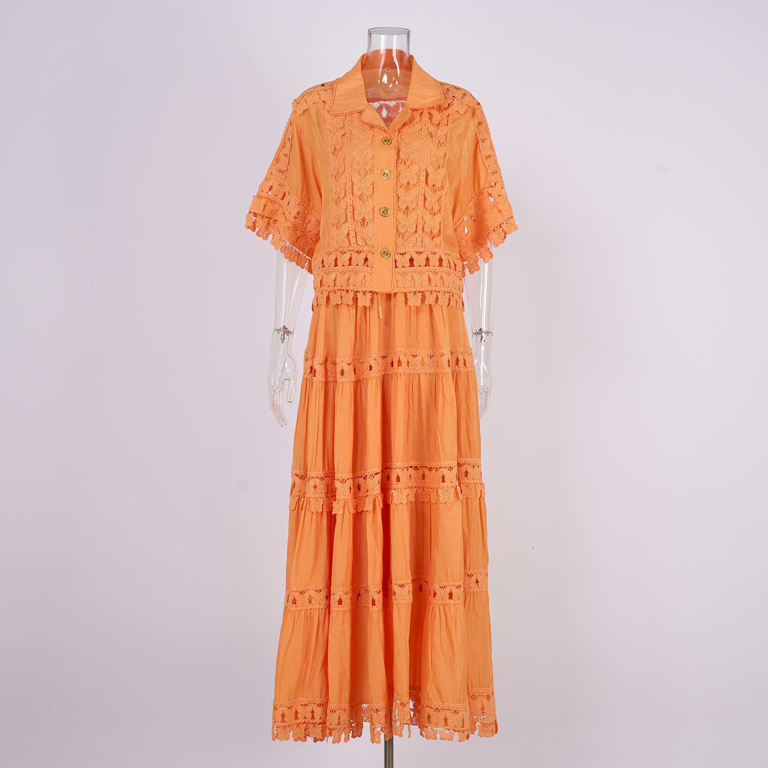 Real shot French retro summer new style 8-color lapel embroidered lace long shirt+skirt set for women Real shot French retro summer new style 8-color lapel embroidered lace long shirt+skirt set for women