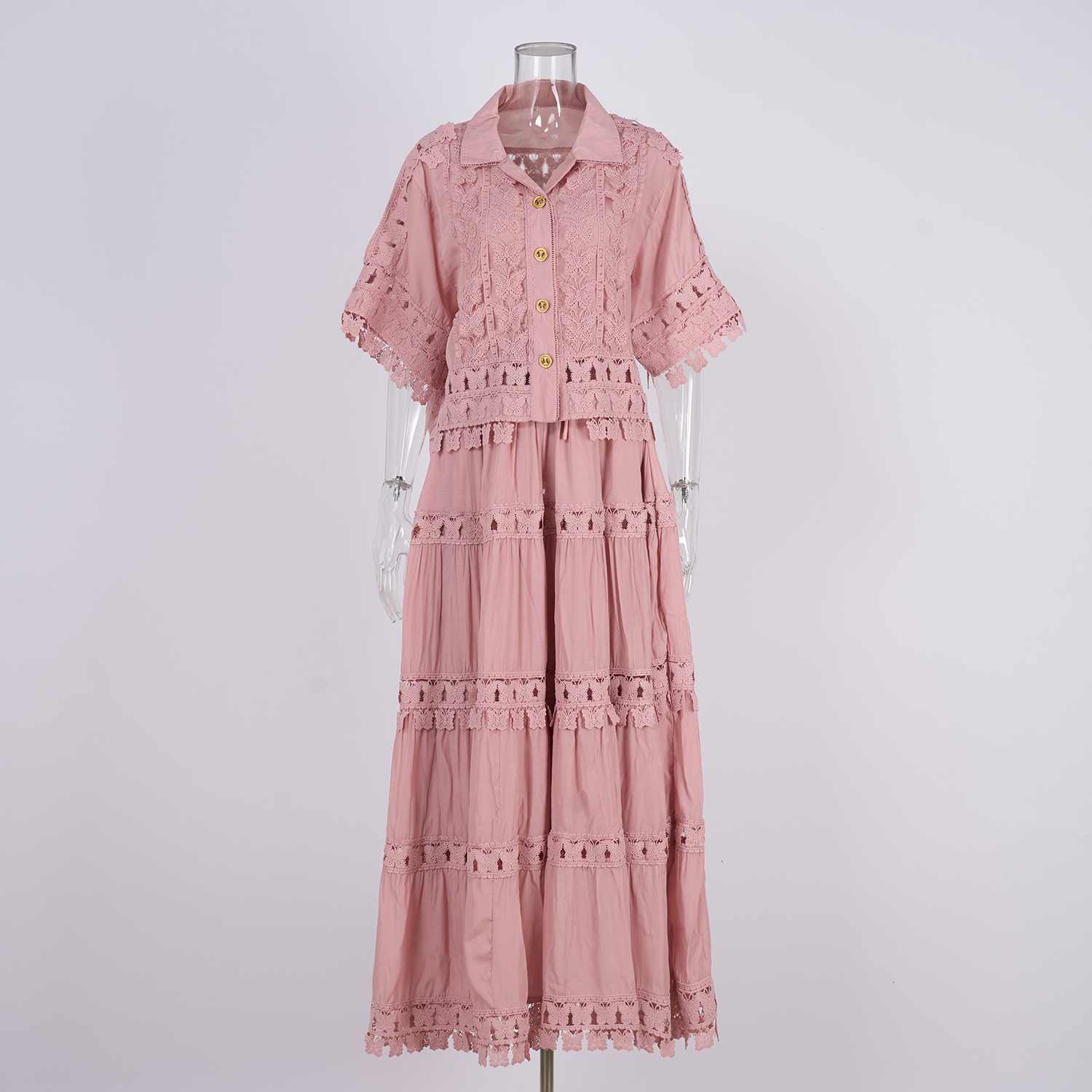 Real shot French retro summer new style 8-color lapel embroidered lace long shirt+skirt set for women Real shot French retro summer new style 8-color lapel embroidered lace long shirt+skirt set for women