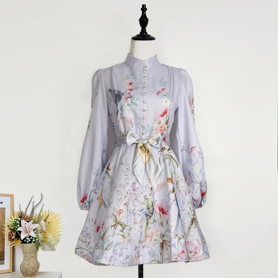 Real shooting of new Australian style positioning print blue flower bird lantern sleeves long sleeved waist cinched shirt jumpsuit short skirt+ribbon