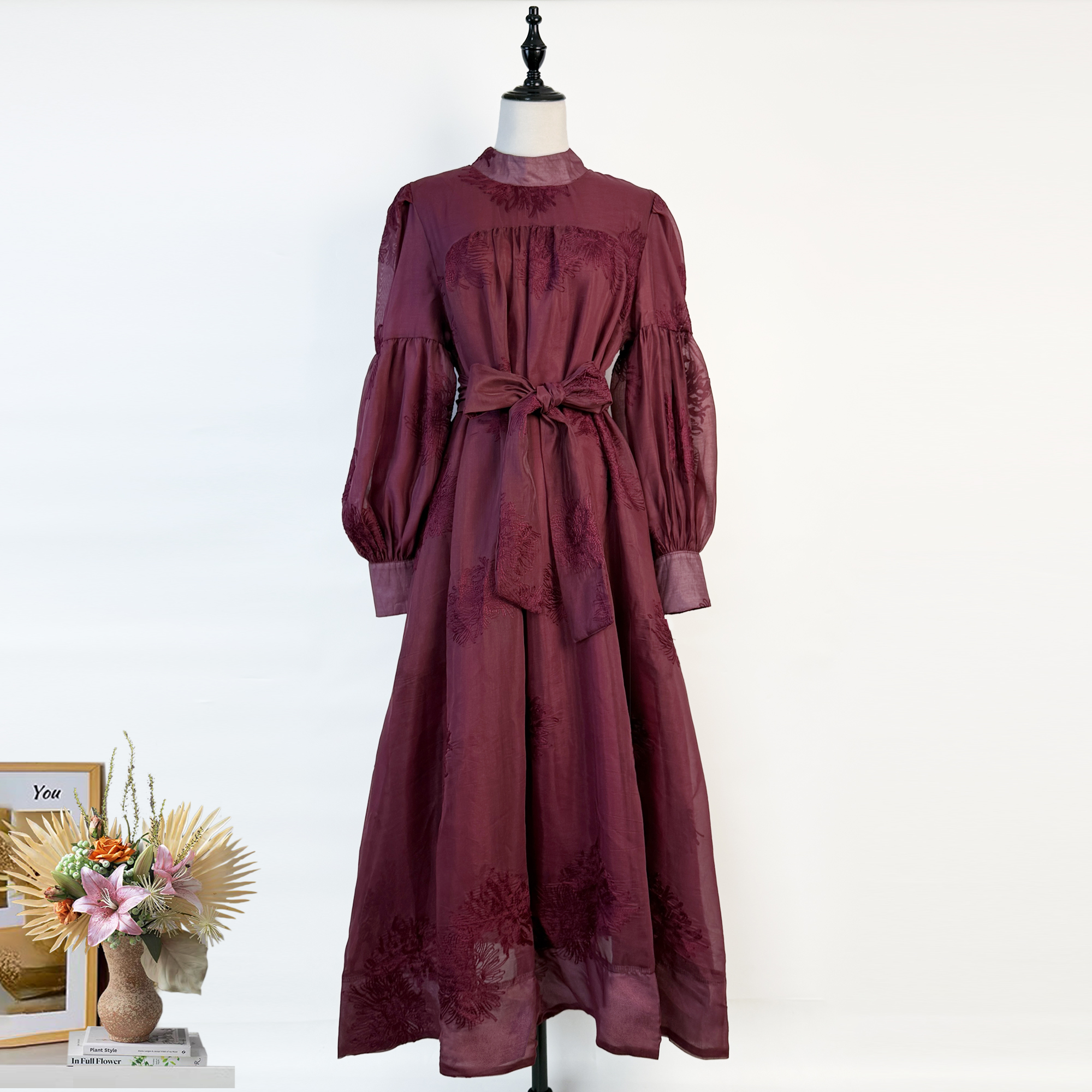 New French style design with stand up collar, lantern sleeves, embroidered loose ties, slimming effect, big swing dress, women's long skirt New French style design with stand up collar, lantern sleeves, embroidered loose ties, slimming effect, big swing dress, women's long skirt