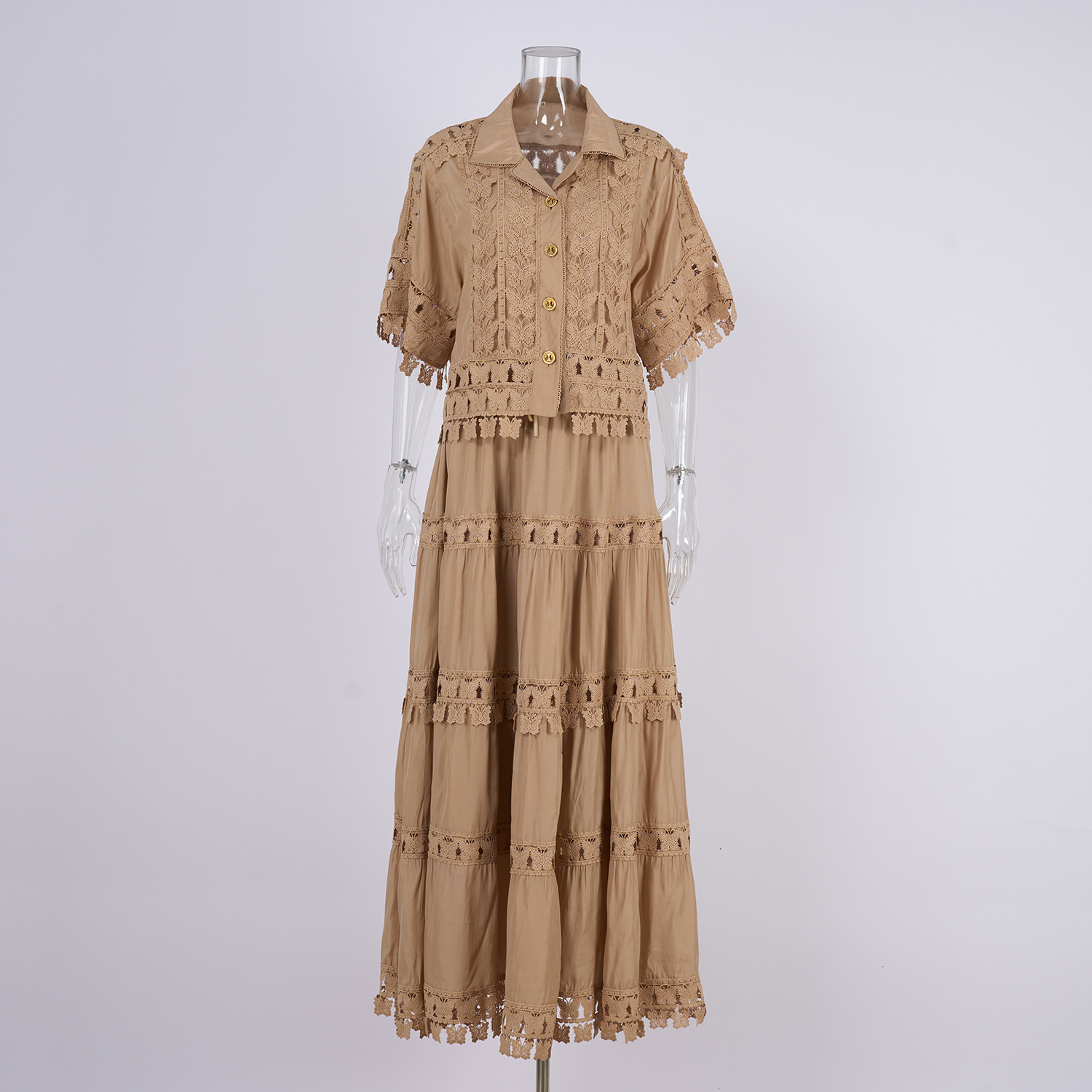 Real shot French retro summer new style 8-color lapel embroidered lace long shirt+skirt set for women Real shot French retro summer new style 8-color lapel embroidered lace long shirt+skirt set for women