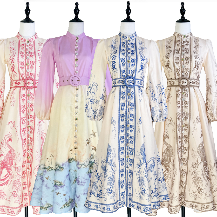 Real shot of European and American casual retro printed exquisite single breasted stand up collar A-list dress, mid length skirt+belt