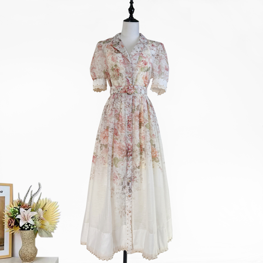 Real shot of Australian niche new printed socialite elegant lapel heavy nail bead lace patchwork dress long Real shot of Australian niche new printed socialite elegant lapel heavy nail bead lace patchwork dress long