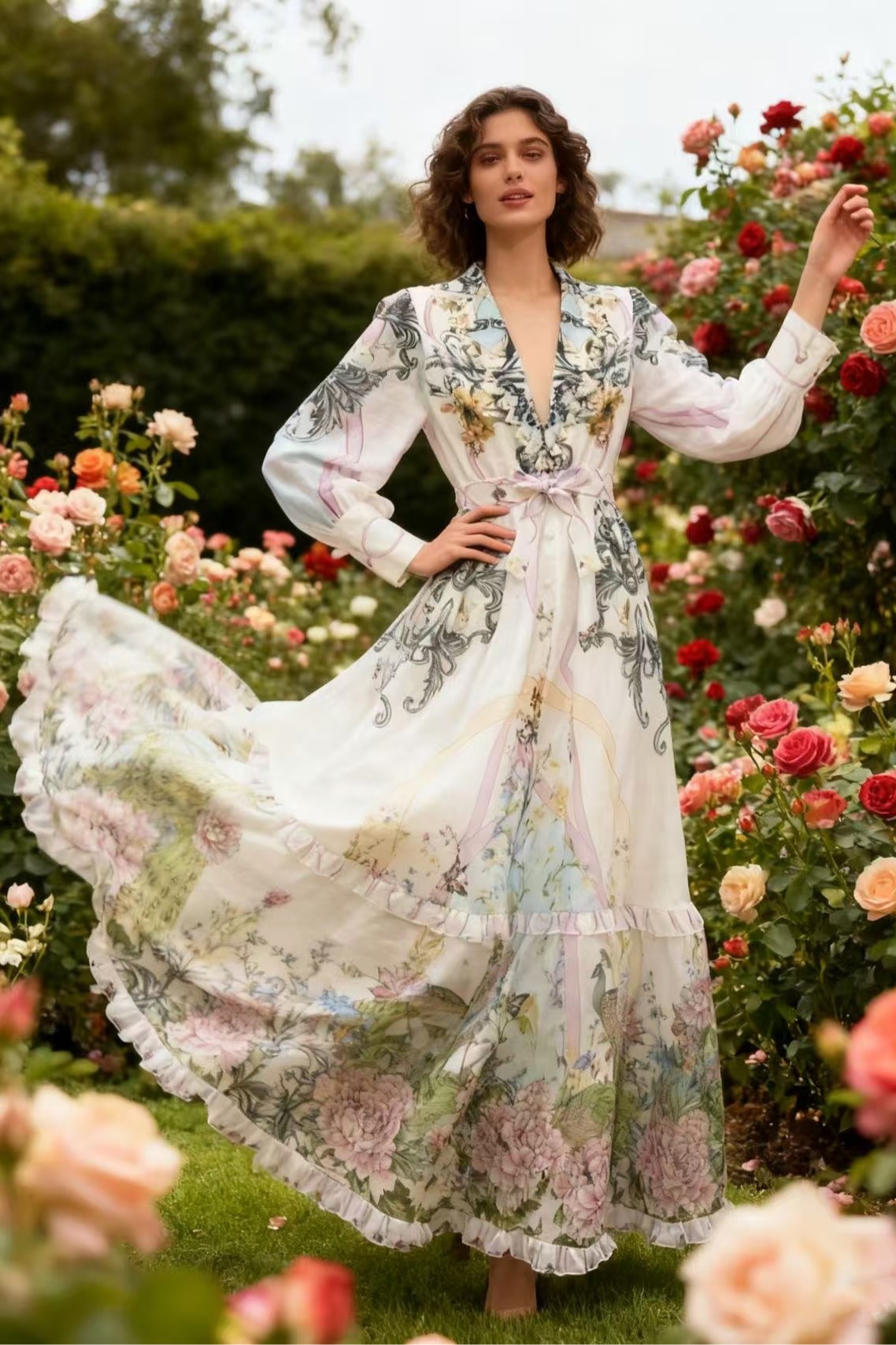 New retro palace style slim fit long dress with 2025V collar, shoulder print, tie up, waist cinching, long sleeved A-line skirt New retro palace style slim fit long dress with 2025V collar, shoulder print, tie up, waist cinching, long sleeved A-line skirt