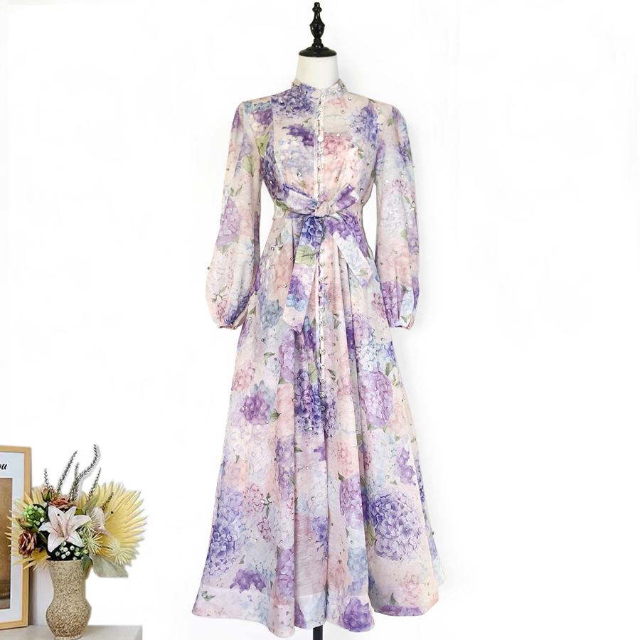 Realistic design with exquisite French style waist cinching and large swing dress, high-end luxury diamond cut small stand collar printed long skirt for women Realistic design with exquisite French style waist cinching and large swing dress, high-end luxury diamond cut small stand collar printed long skirt for women