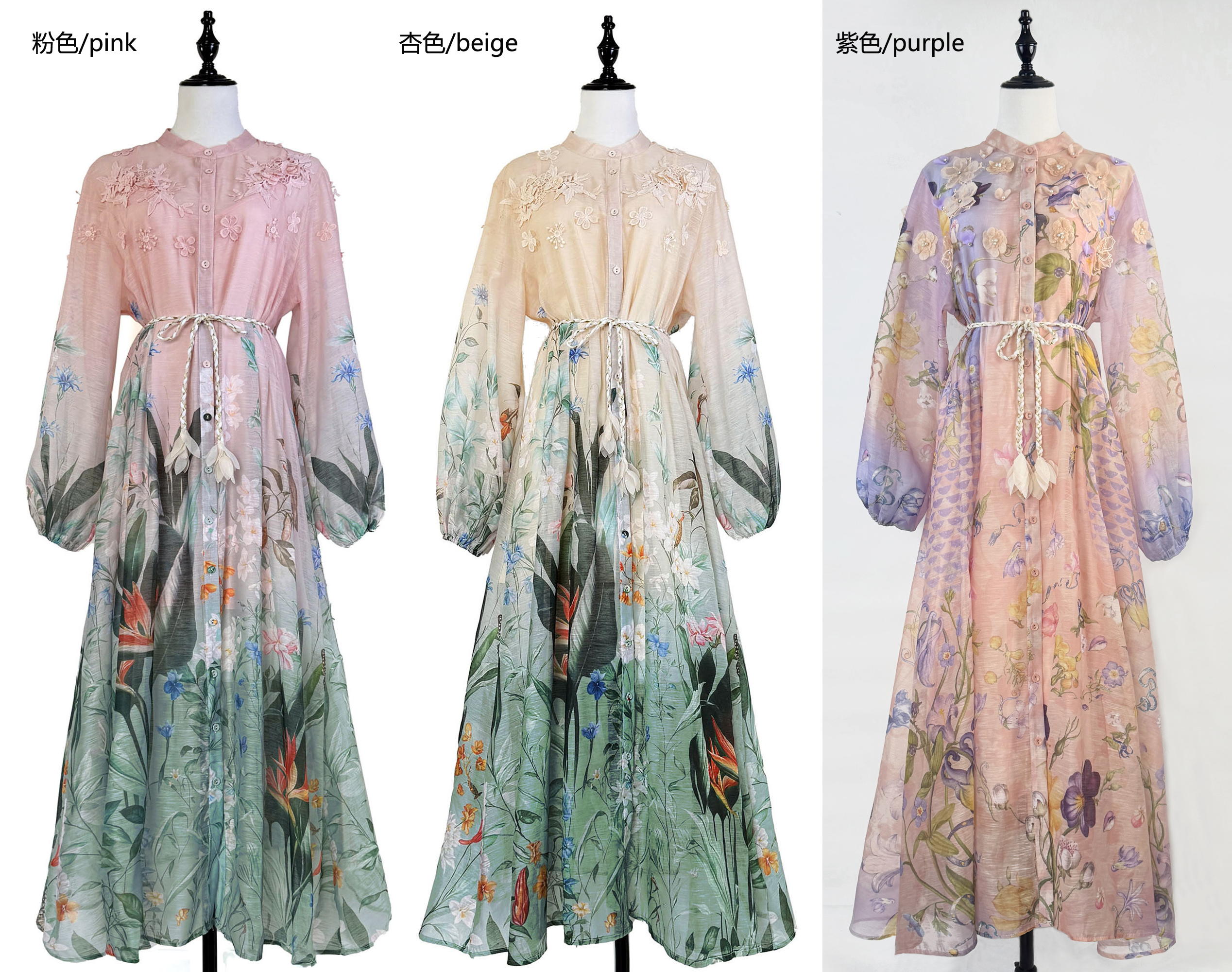 Real shot of Australia's new tropical style printed heavy industry three-dimensional flower splicing long style large swing dress Real shot of Australia's new tropical style printed heavy industry three-dimensional flower splicing long style large swing dress