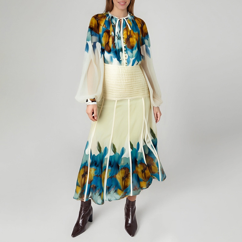 French court style women's 2025 new lantern sleeve printed shirt+high waisted floral skirt two-piece set