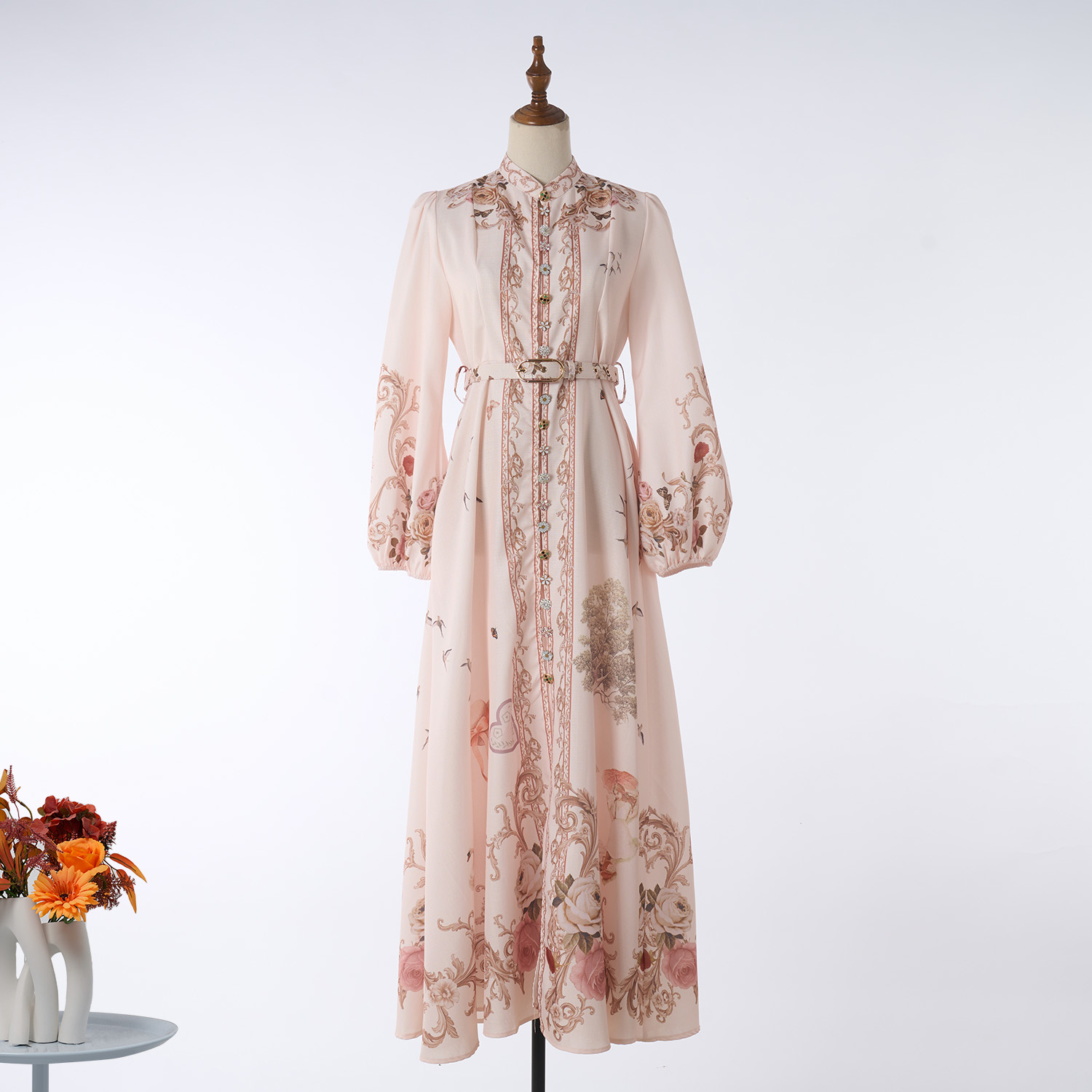 Real shot casual retro print exquisite single breasted stand up collar A-list dress ultra long skirt+belt in 15 colors