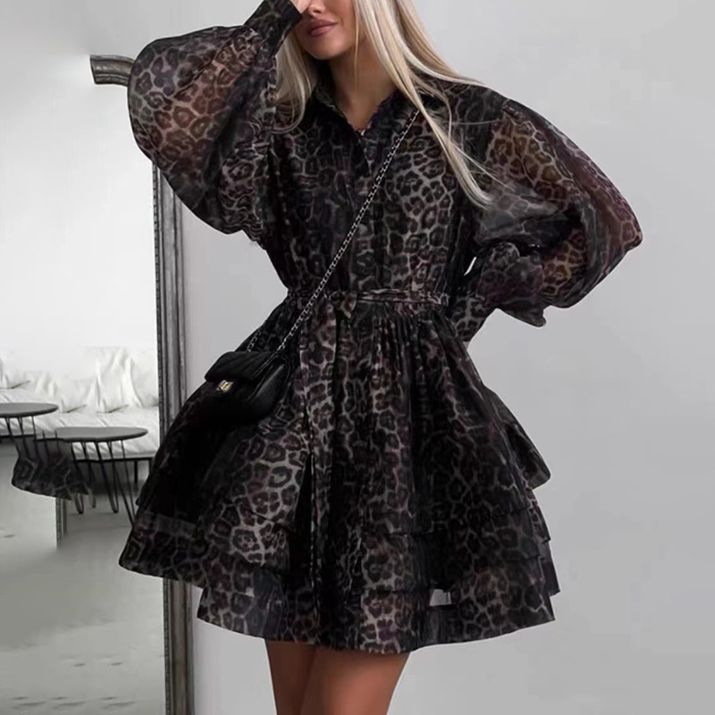 Cross border popular print design dress from Europe and America, 2025 new style, lapel tie, waist cinching, slimming leopard print short skirt for women