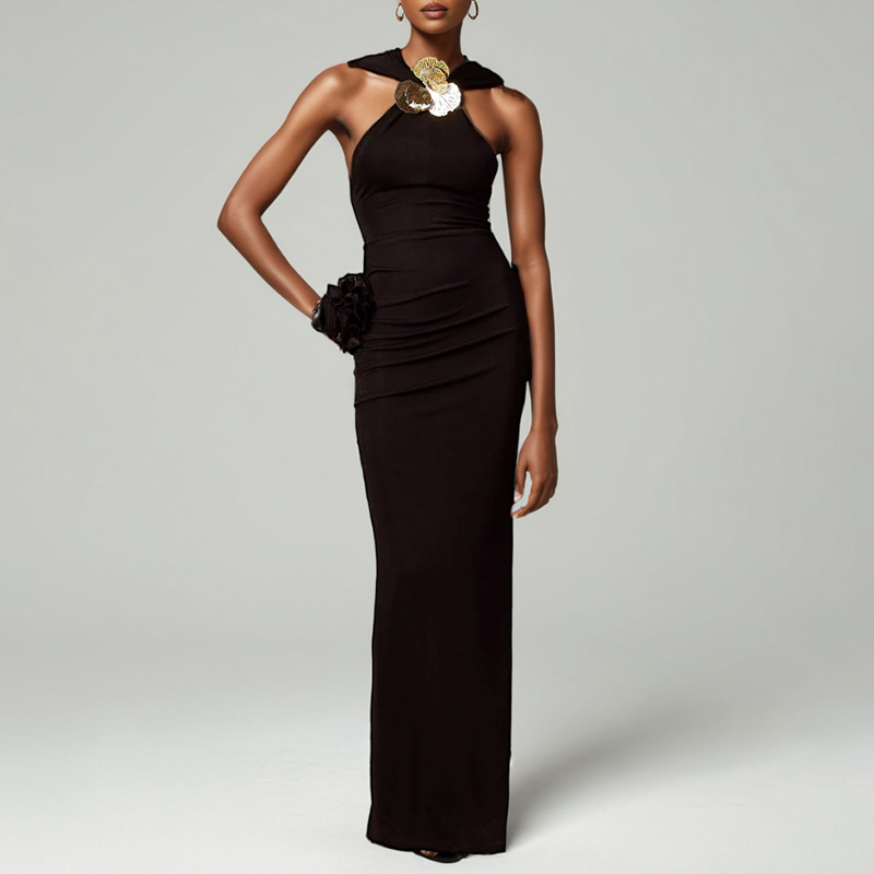 Mingyuan style neck hanging dress long skirt 2025 new item niche metal buckle decoration slim and slimming long dress for women