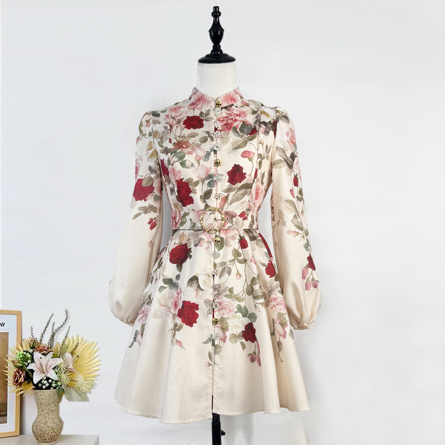 Real time shooting of Spring and Autumn new style women's standing collar lantern long sleeved waist cinching large swing printed jumpsuit short skirt+belt Real time shooting of Spring and Autumn new style women's standing collar lantern long sleeved waist cinching large swing printed jumpsuit short skirt+belt