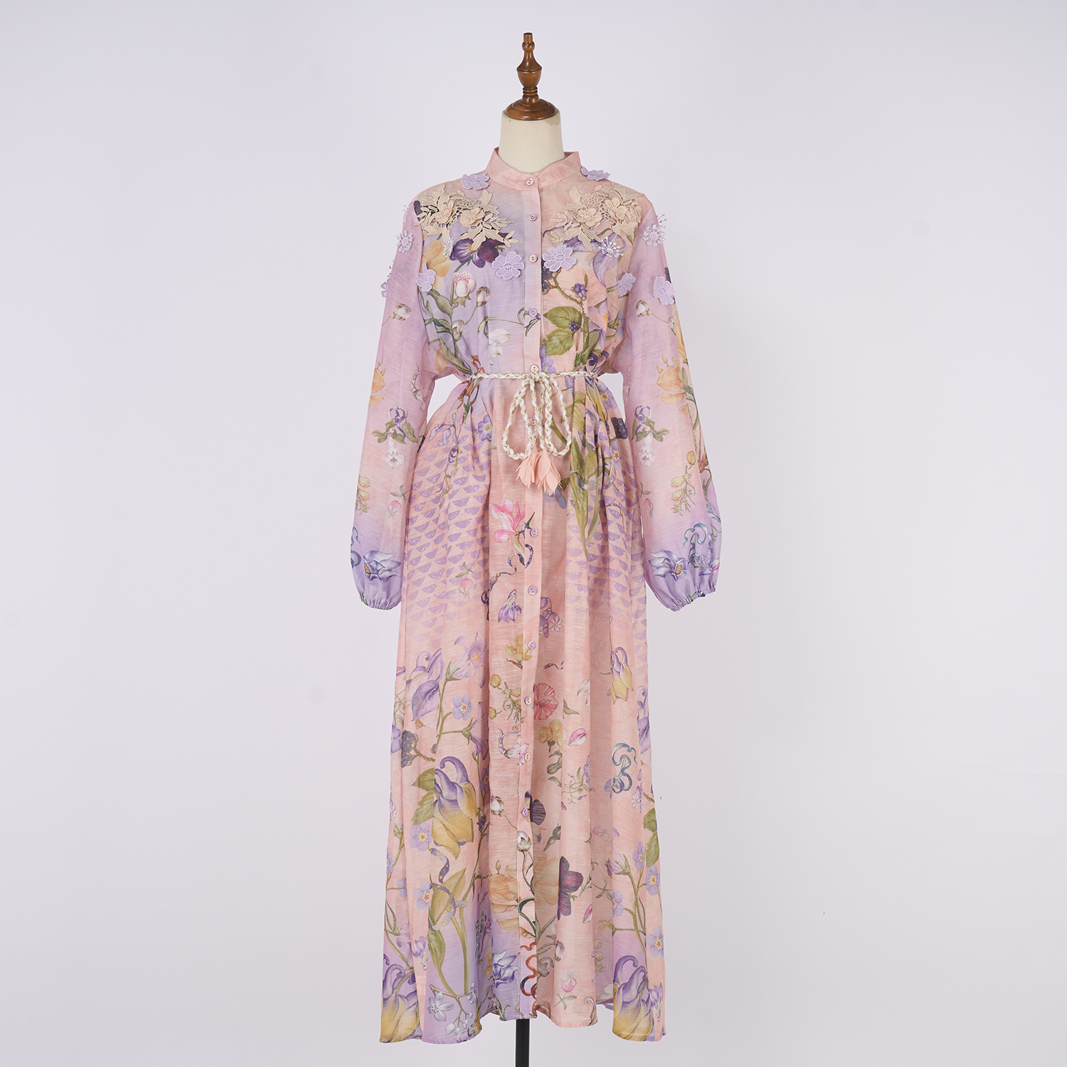 Realistic shooting of vacation style women's seaside exquisite printed single breasted bubble sleeves, large swing lace up dress Realistic shooting of vacation style women's seaside exquisite printed single breasted bubble sleeves, large swing lace up dress