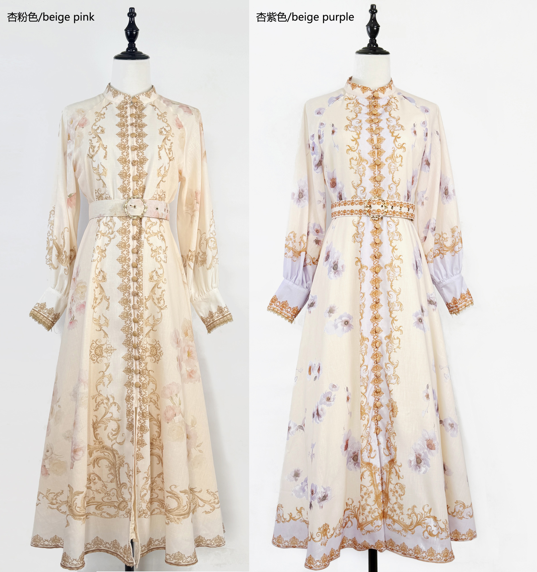 Realistic shooting of autumn new style lantern sleeves, palace style printed buckle, waist cinching, slit design, long dress Realistic shooting of autumn new style lantern sleeves, palace style printed buckle, waist cinching, slit design, long dress