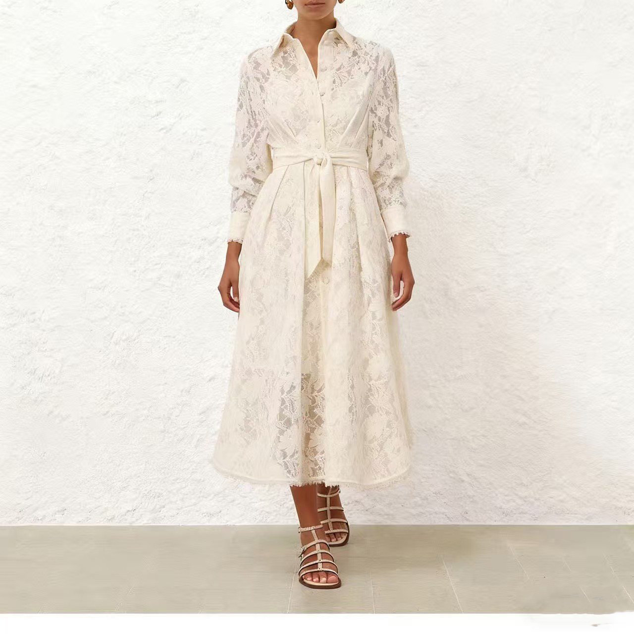 New Spring Heavy Crafted Lace Fabric Splicing Lace Ruffle Details Long Sleeve Long Dress New Spring Heavy Crafted Lace Fabric Splicing Lace Ruffle Details Long Sleeve Long Dress