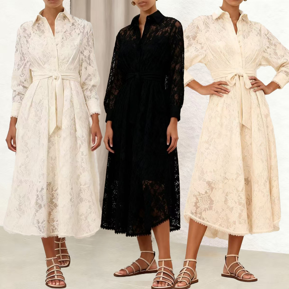 New Spring Heavy Crafted Lace Fabric Splicing Lace Ruffle Details Long Sleeve Long Dress