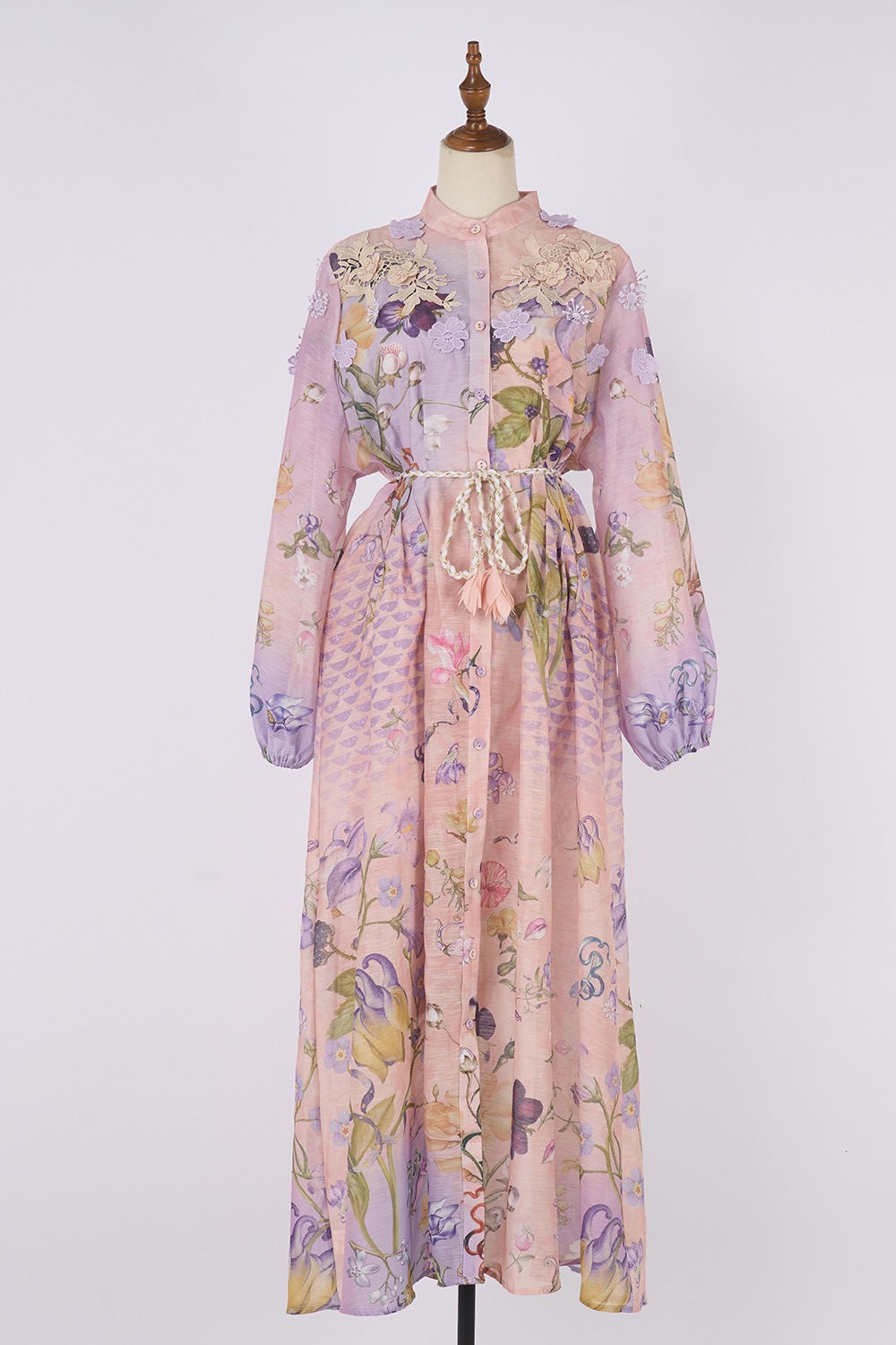 Realistic shooting of vacation style women's seaside exquisite printed single breasted bubble sleeves, large swing lace up dress Realistic shooting of vacation style women's seaside exquisite printed single breasted bubble sleeves, large swing lace up dress