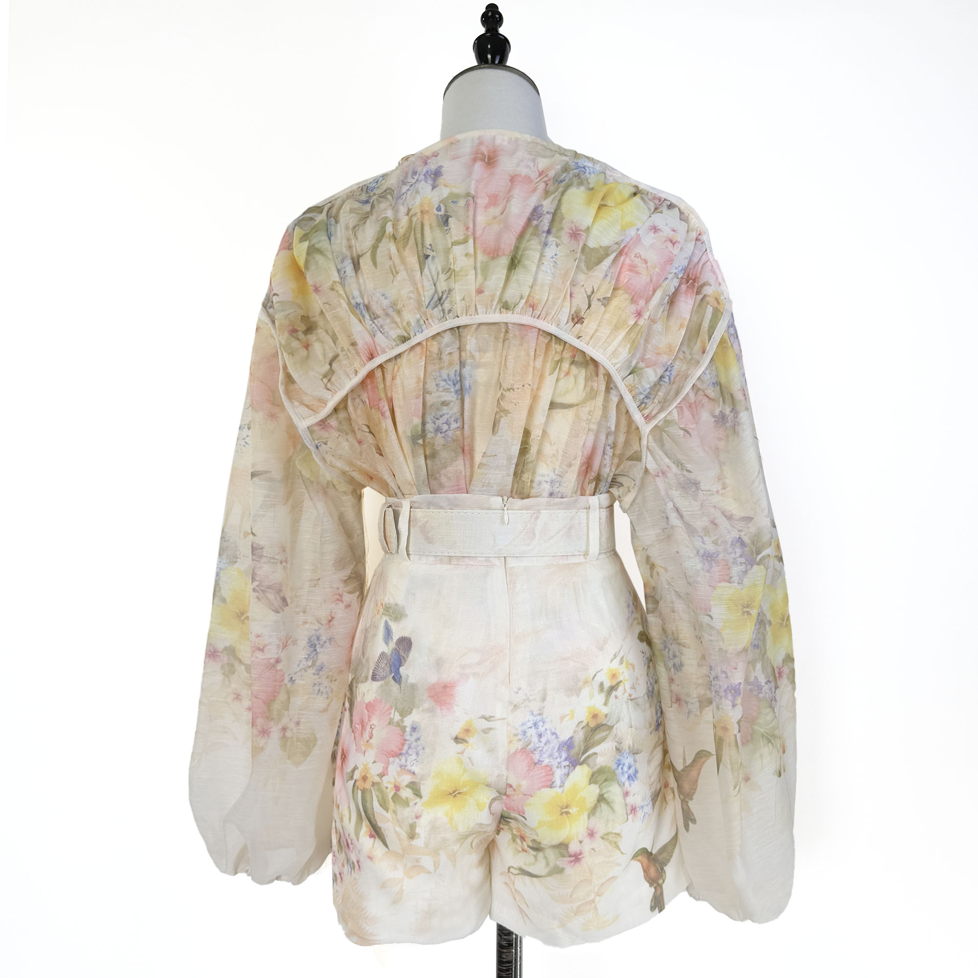 Real time shooting of new light luxury pleated single breasted hummingbird print loose shirt+wide leg pants set with belt Real time shooting of new light luxury pleated single breasted hummingbird print loose shirt+wide leg pants set with belt