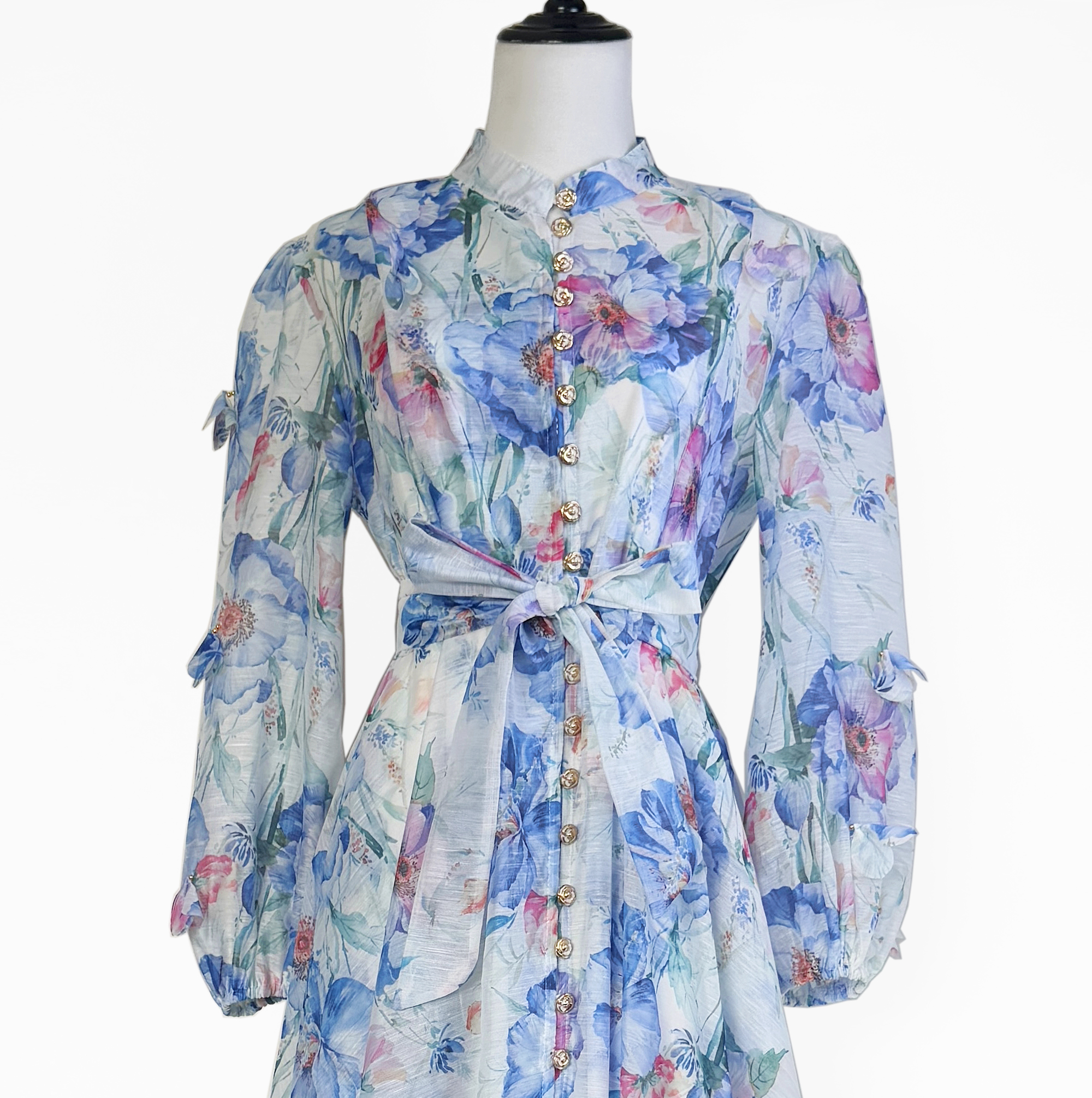 Real shot of European and American Spring and Autumn elegant retro printed nail bead three-dimensional flower waist cinching big swing dress long skirt for women Real shot of European and American Spring and Autumn elegant retro printed nail bead three-dimensional flower waist cinching big swing dress long skirt for women