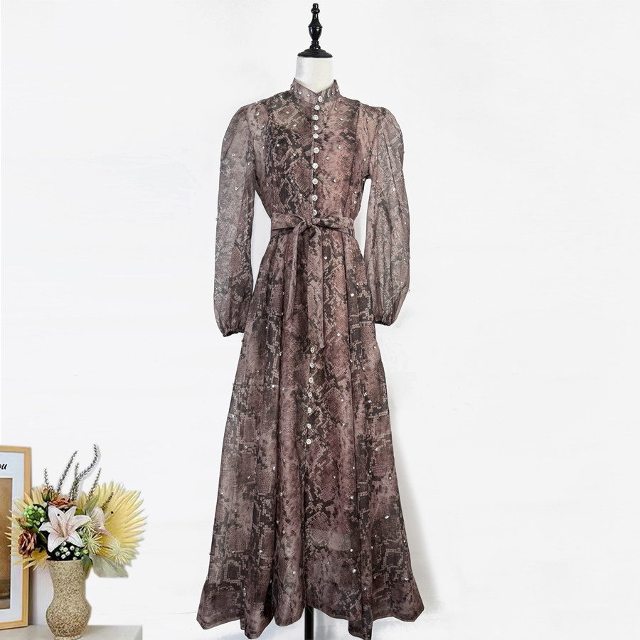 Real time shooting of European and American style heavy industry nail drill small stand collar lantern sleeves large skirt printed dress long skirt foreign trade