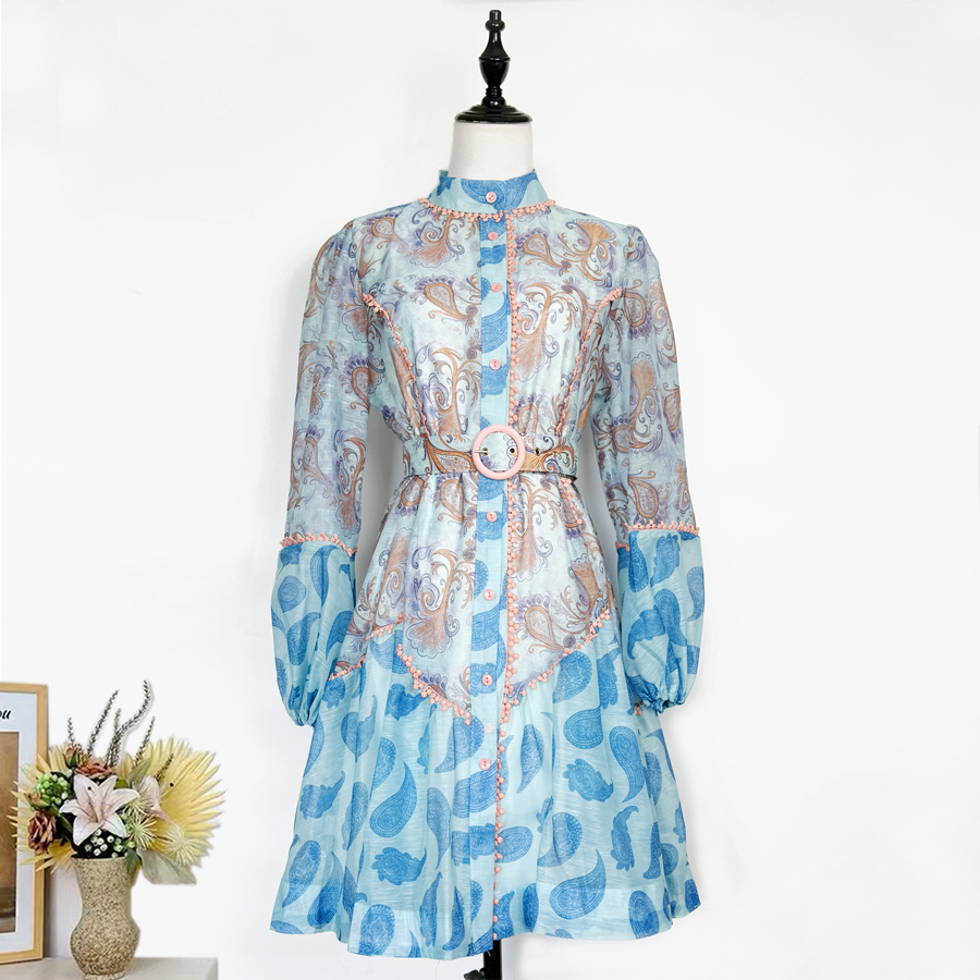 Realistic 4-color artistic atmosphere British autumn party light luxury printed stand up collar lantern long sleeved short dress Realistic 4-color artistic atmosphere British autumn party light luxury printed stand up collar lantern long sleeved short dress