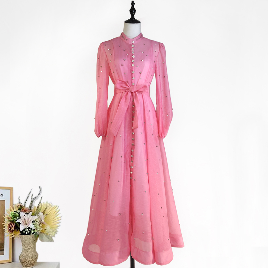 Realistic design with exquisite French style waist cinching and large swing dress, high-end luxury diamond cut small stand collar printed long skirt for women Realistic design with exquisite French style waist cinching and large swing dress, high-end luxury diamond cut small stand collar printed long skirt for women