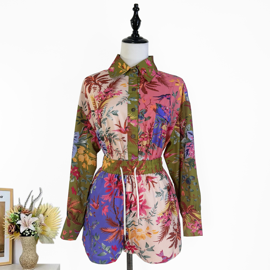 Real shot Australian niche blue nautical print long sleeved shirt shorts fashionable casual set two-piece set Real shot Australian niche blue nautical print long sleeved shirt shorts fashionable casual set two-piece set