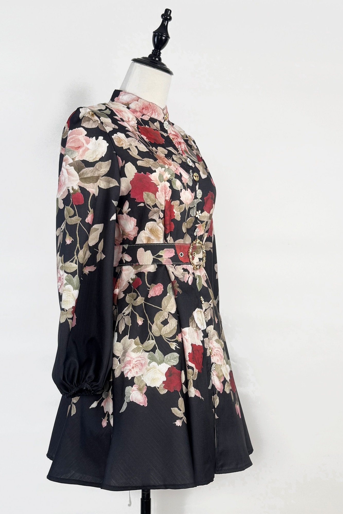 Real time shooting of Spring and Autumn new style women's standing collar lantern long sleeved waist cinching large swing printed jumpsuit short skirt+belt Real time shooting of Spring and Autumn new style women's standing collar lantern long sleeved waist cinching large swing printed jumpsuit short skirt+belt