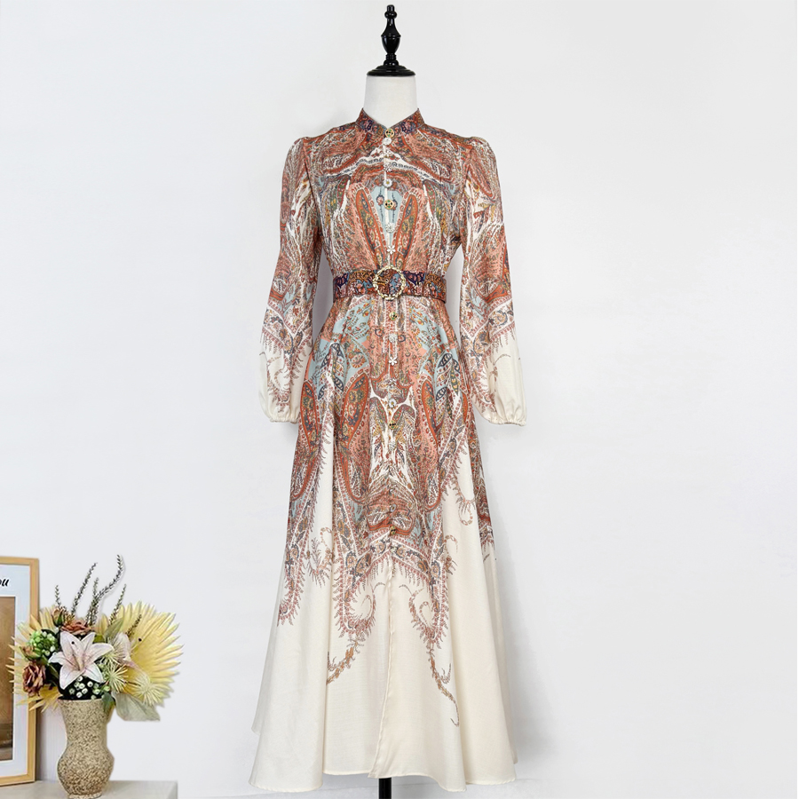 Real shot Australian new retro positioning printed stand up collar lantern sleeves single breasted mid length dress+belt