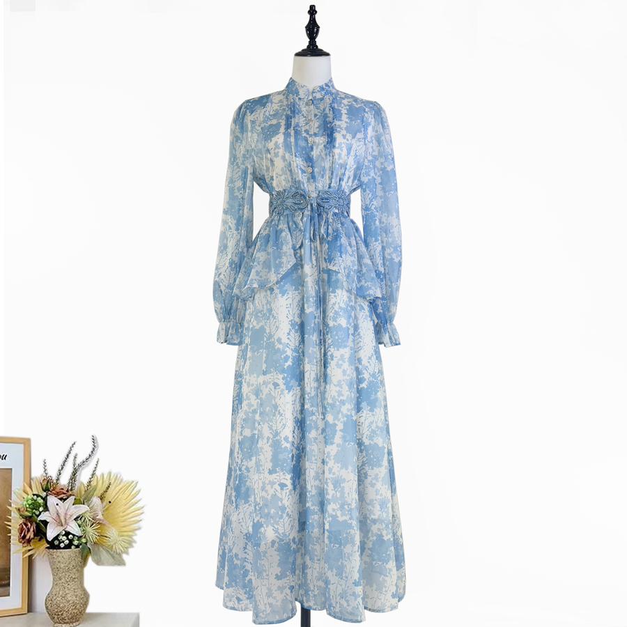 Real time shooting of autumn new product, French design, printed lace up, nail bead, lotus leaf edge waist seal, waist cinching, slim fit dress Real time shooting of autumn new product, French design, printed lace up, nail bead, lotus leaf edge waist seal, waist cinching, slim fit dress