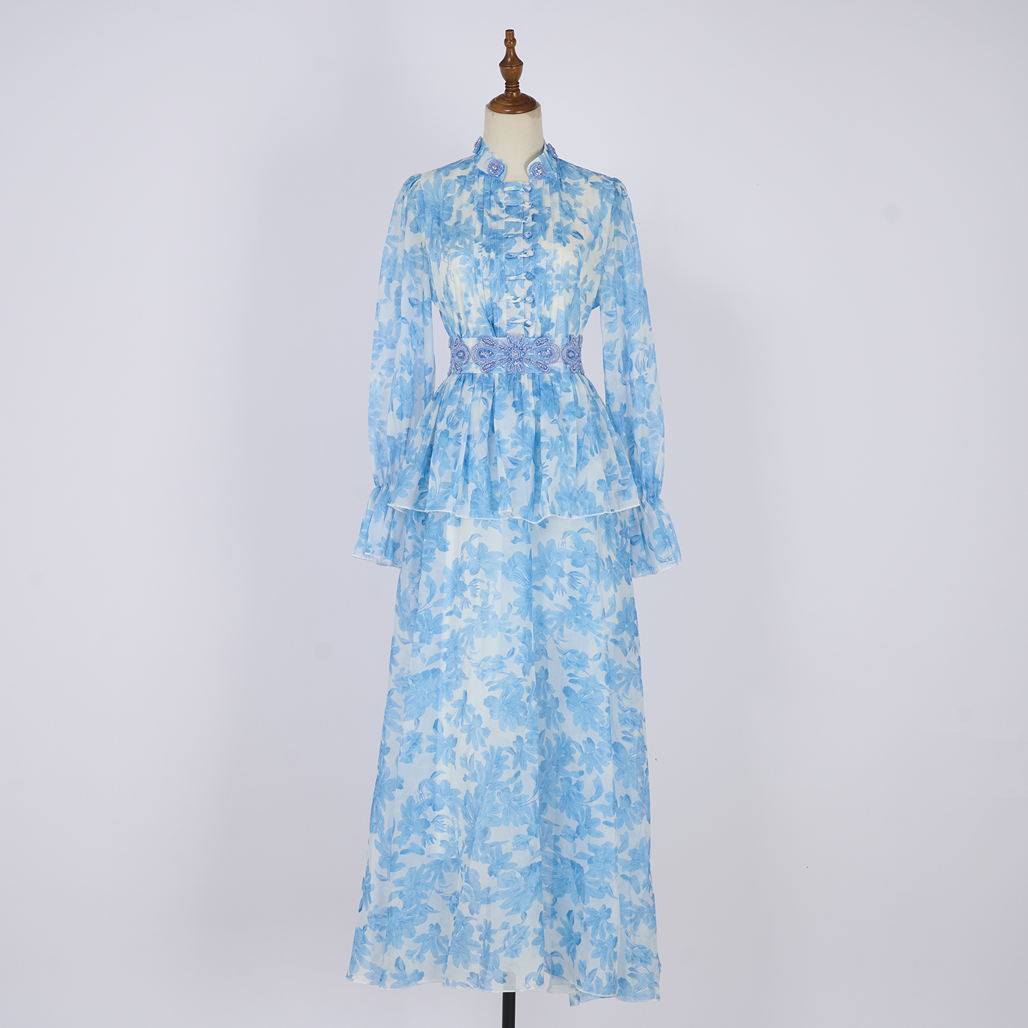 Real time shooting of fresh and sweet long skirt, summer new style round neck button embroidery printed waist cinching dress, 8 colors Real time shooting of fresh and sweet long skirt, summer new style round neck button embroidery printed waist cinching dress, 8 colors