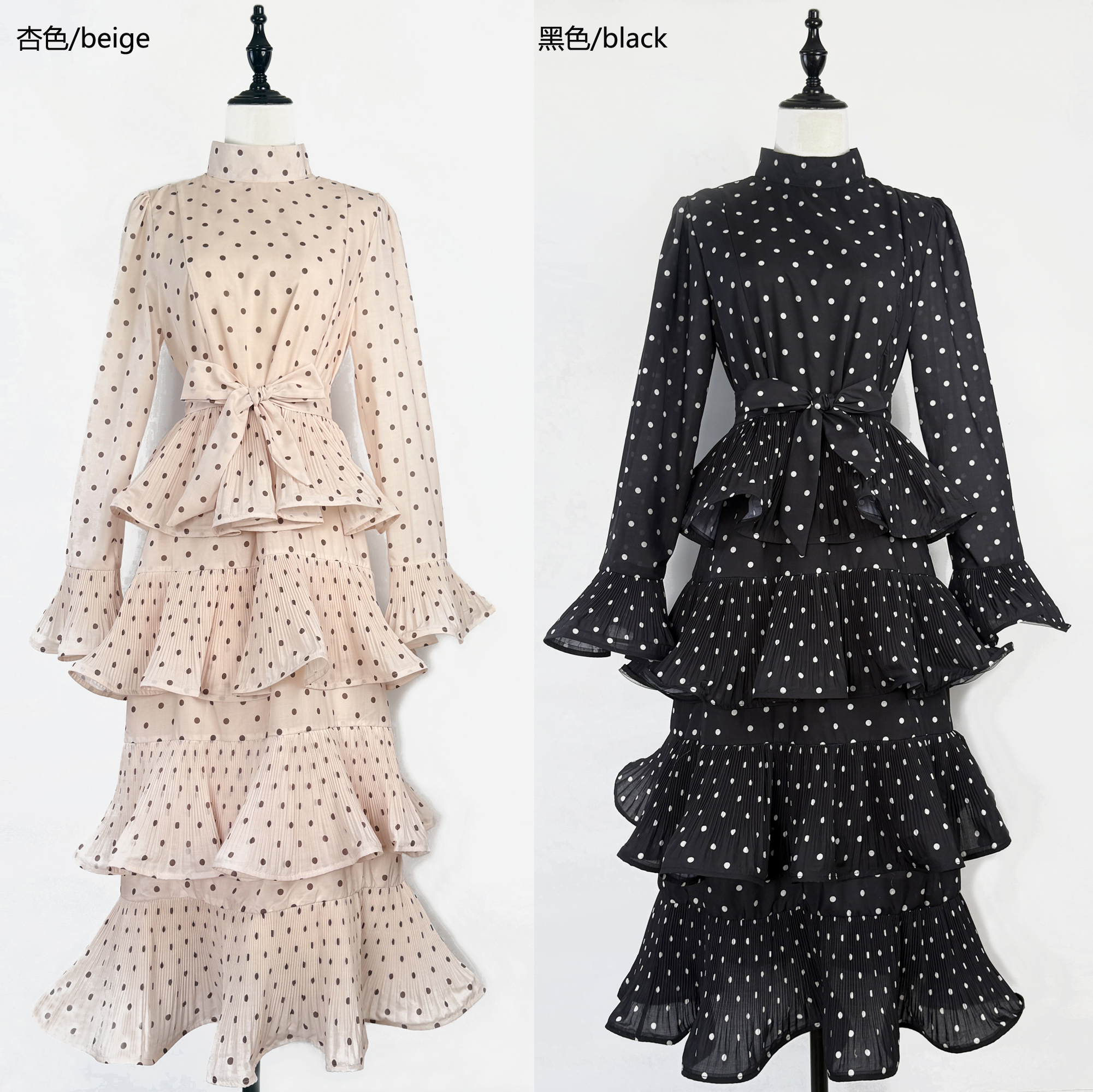 Real shot of Australia's autumn new classic polka dot print stand up collar pleated ruffle edge cake skirt dress Real shot of Australia's autumn new classic polka dot print stand up collar pleated ruffle edge cake skirt dress