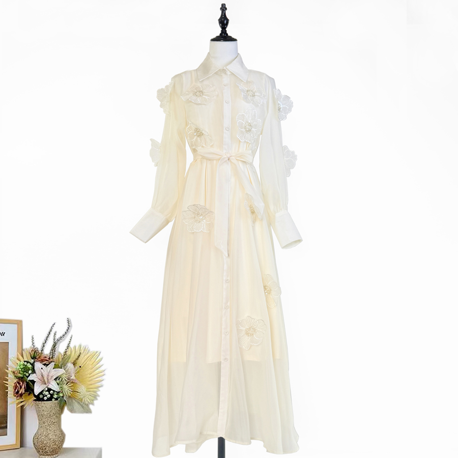 Real shot French lapel nail bead embroidery decal dress temperament long sleeved waist cinching lace up dress long skirt Real shot French lapel nail bead embroidery decal dress temperament long sleeved waist cinching lace up dress long skirt