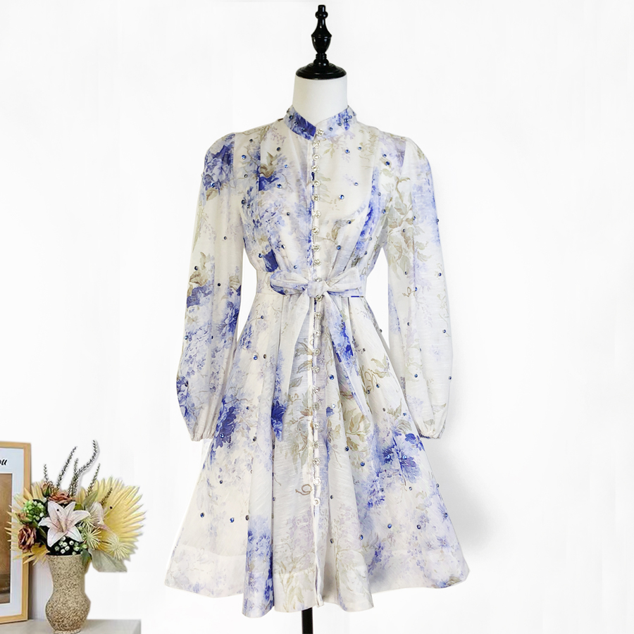 Real shot of 18 color Australian elegant stand up collar single breasted waist slimming short skirt dress with printed suspender Real shot of 18 color Australian elegant stand up collar single breasted waist slimming short skirt dress with printed suspender