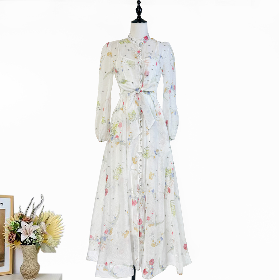 Real shot of Australian fashion printed light luxury heavy industry nail drill single breasted lantern sleeve mid length large swing dress Real shot of Australian fashion printed light luxury heavy industry nail drill single breasted lantern sleeve mid length large swing dress