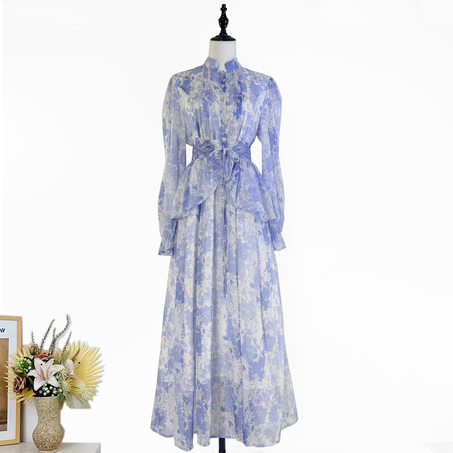 Real time shooting of fresh and sweet palace style long dress, summer new round neck button embroidered printed waist cinching dress Real time shooting of fresh and sweet palace style long dress, summer new round neck button embroidered printed waist cinching dress