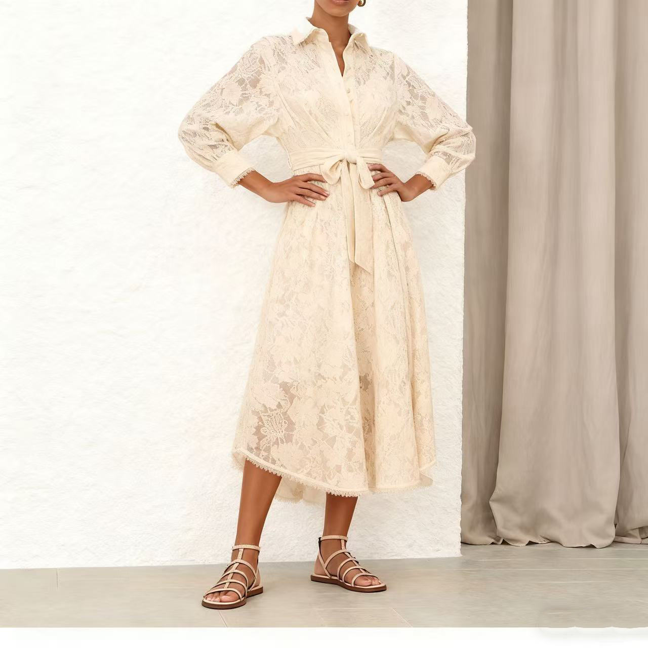 New Spring Heavy Crafted Lace Fabric Splicing Lace Ruffle Details Long Sleeve Long Dress New Spring Heavy Crafted Lace Fabric Splicing Lace Ruffle Details Long Sleeve Long Dress