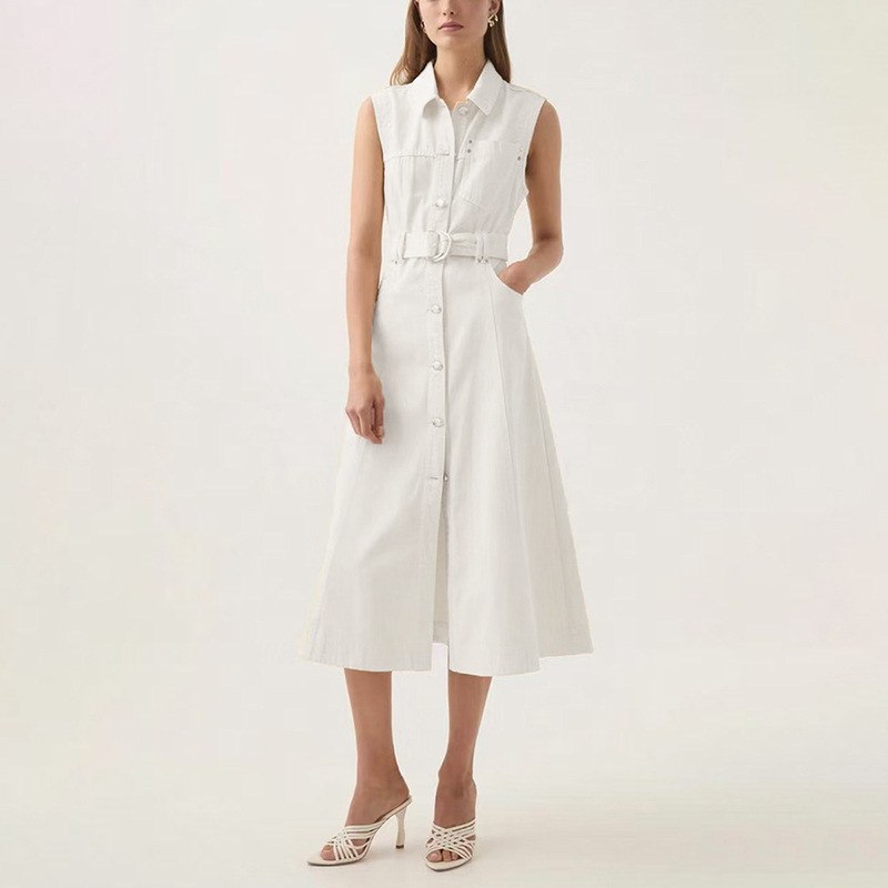 Korean style fashion lapel denim long dress 2025 summer new item with tie up and waist cinching for slimming, sleeveless long dress for women Korean style fashion lapel denim long dress 2025 summer new item with tie up and waist cinching for slimming, sleeveless long dress for women