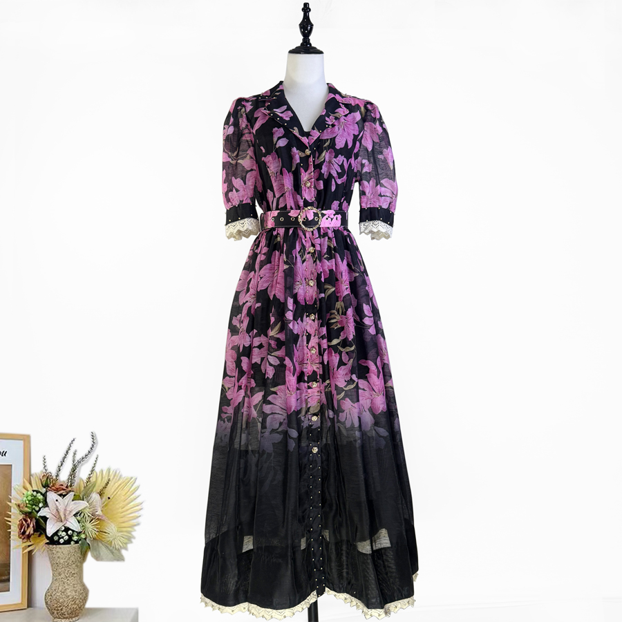 Real shot of Australian niche new printed socialite elegant lapel heavy nail bead lace patchwork dress long Real shot of Australian niche new printed socialite elegant lapel heavy nail bead lace patchwork dress long