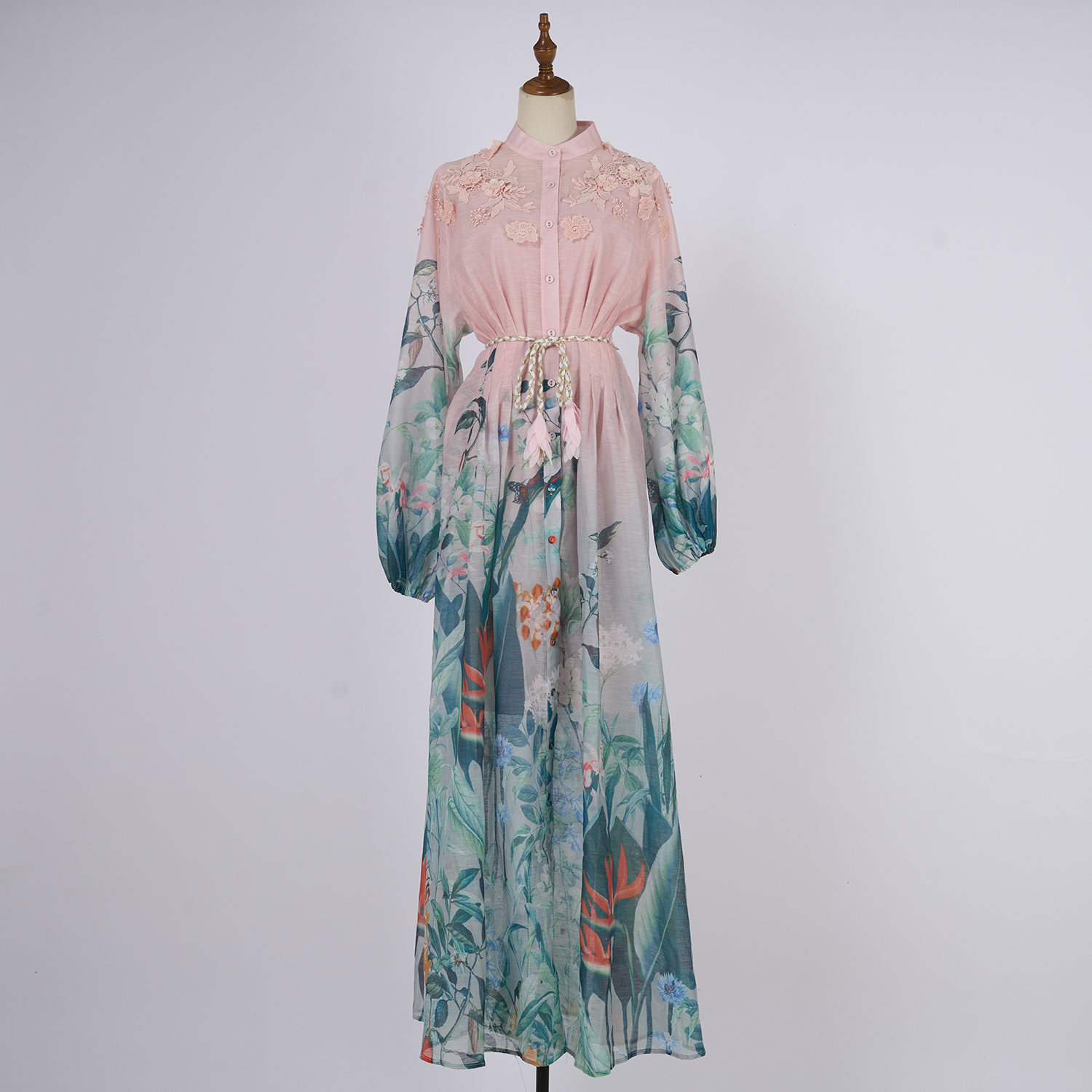 Realistic shooting of vacation style women's seaside exquisite printed single breasted bubble sleeves, large swing lace up dress Realistic shooting of vacation style women's seaside exquisite printed single breasted bubble sleeves, large swing lace up dress