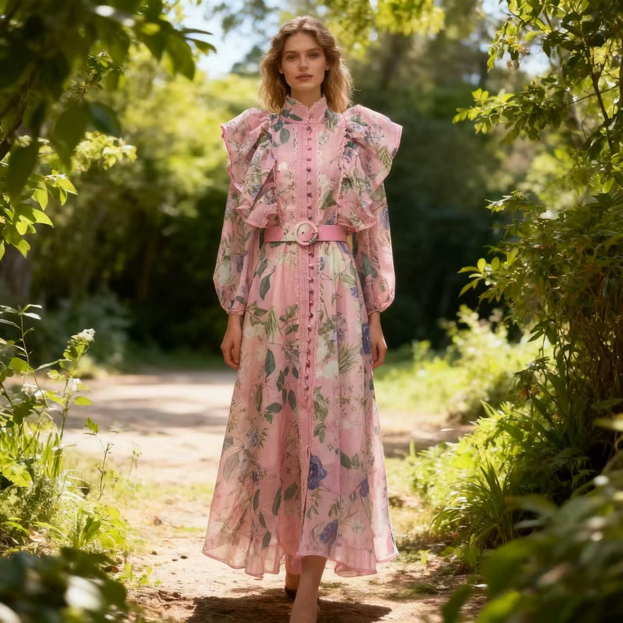 New floral ruffle edge long skirt 2025 autumn retro countryside style waist cinched buckle dress irregular skirt New floral ruffle edge long skirt 2025 autumn retro countryside style waist cinched buckle dress irregular skirt