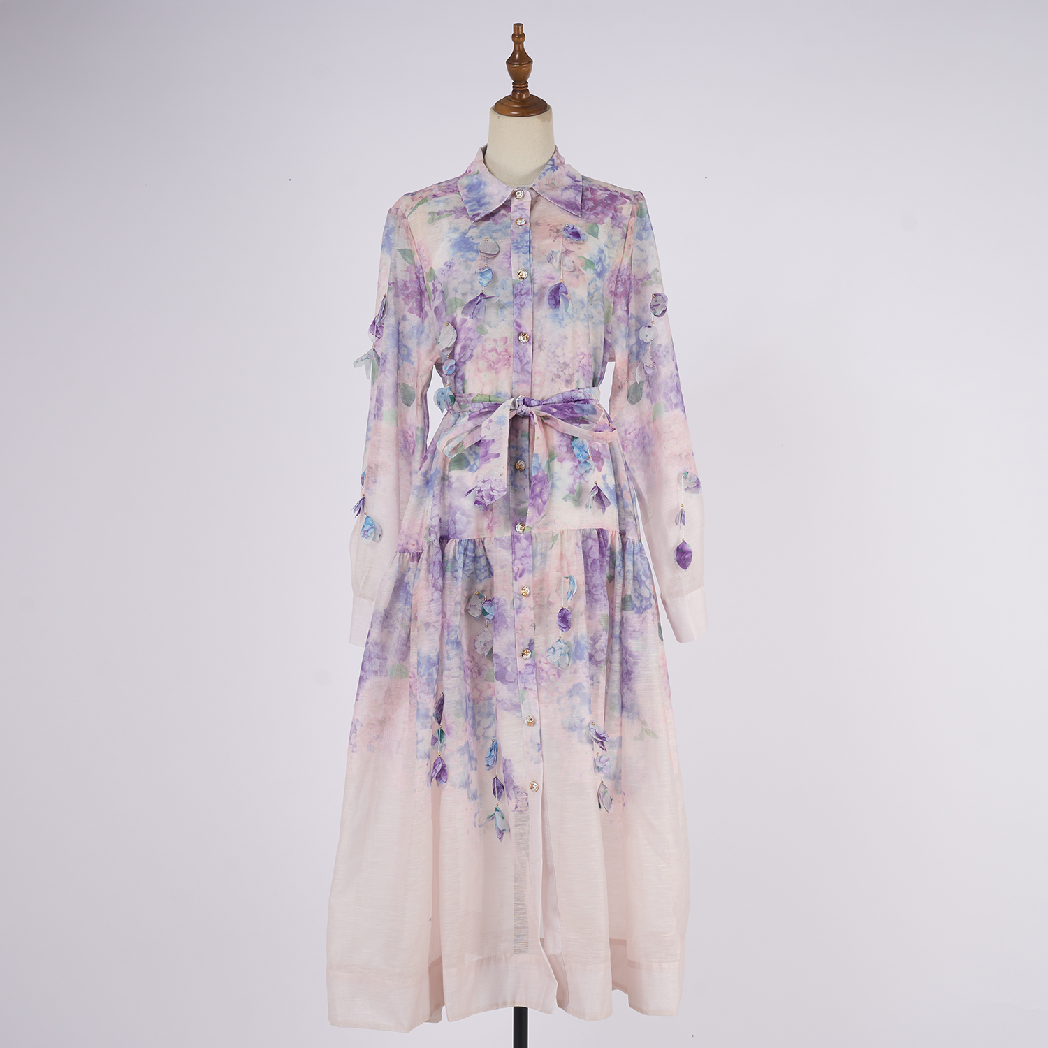 Real shot of 2025 spring/summer European and American women's lapel long sleeved waist belt, single breasted positioning printed dress Real shot of 2025 spring/summer European and American women's lapel long sleeved waist belt, single breasted positioning printed dress