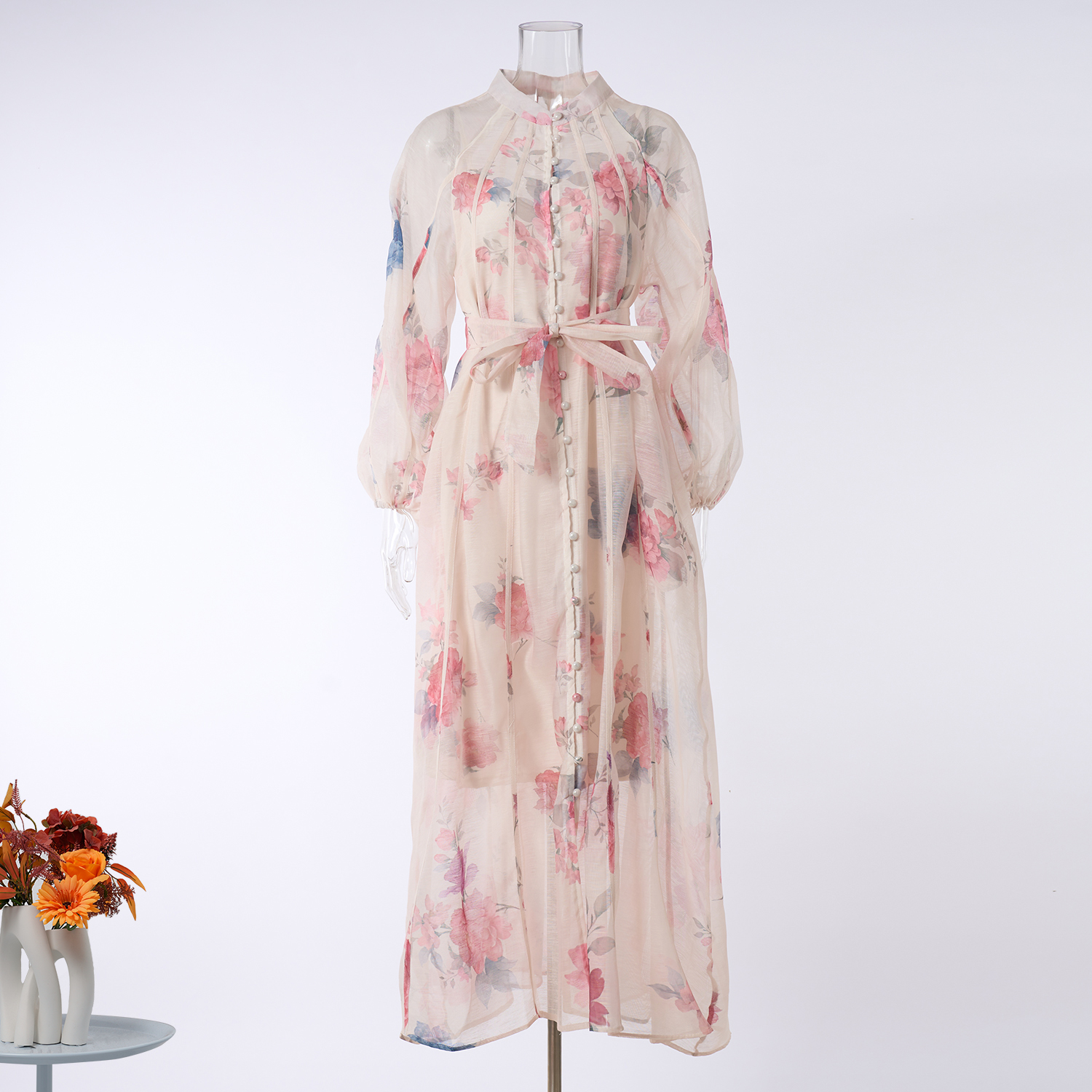 New Fashionable Light Luxury Buckle Printed Shoulder Slip Long Sleeve Long Dress Round Neck Slimming Two Piece Set