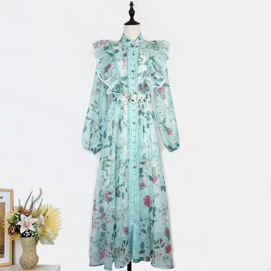 Real shot of European, American, British style lotus leaf edge lace border lantern sleeve print long swing dress+waistband for women Real shot of European, American, British style lotus leaf edge lace border lantern sleeve print long swing dress+waistband for women