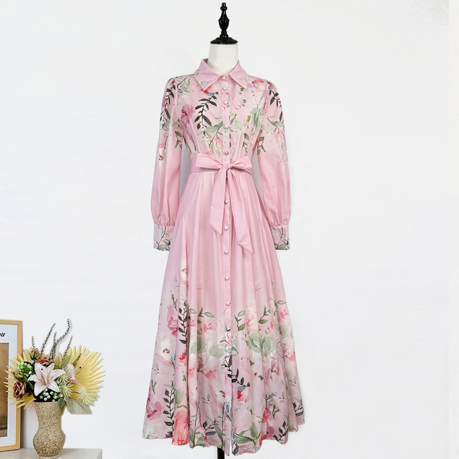 Real time shooting of elegant women's clothing for early autumn, 2025 American style loose retro printed lapel tie waist length dress